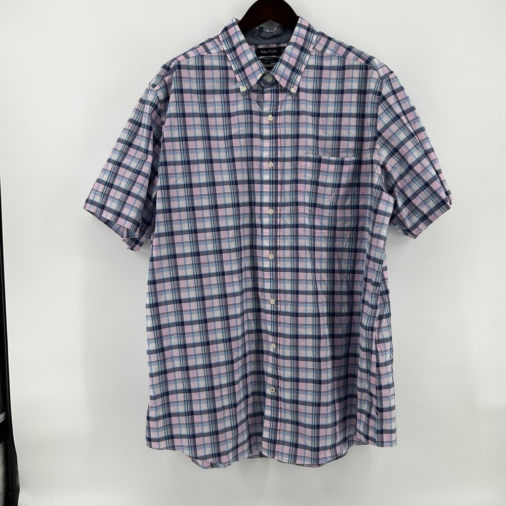 Nautica Stretch Shirt Mens 2XLT Pink Blue Poplin Plaid Short Sleeve Nautical